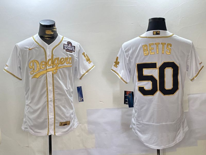 Men Los Angeles Dodgers 50 Betts White Gold Elite 2024 Nike MLB Jersey style 2